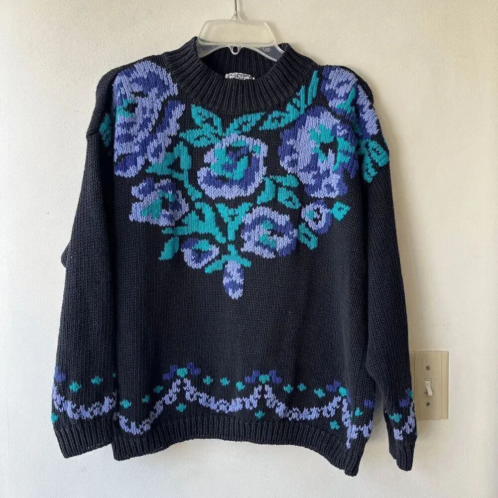Vintage 80s Gallagher Floral Knit Sweater Black Purple Green Cotton